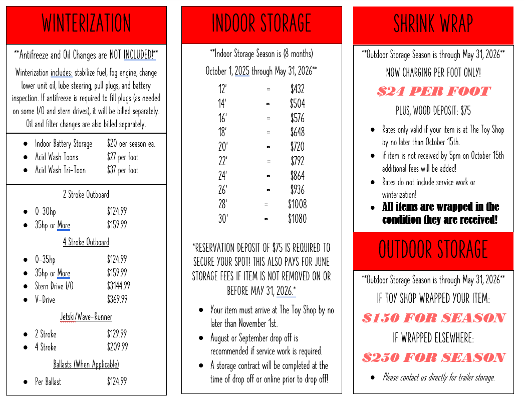 Pricing chart for winterization, indoor and outdoor storage, and shrink wrap services.